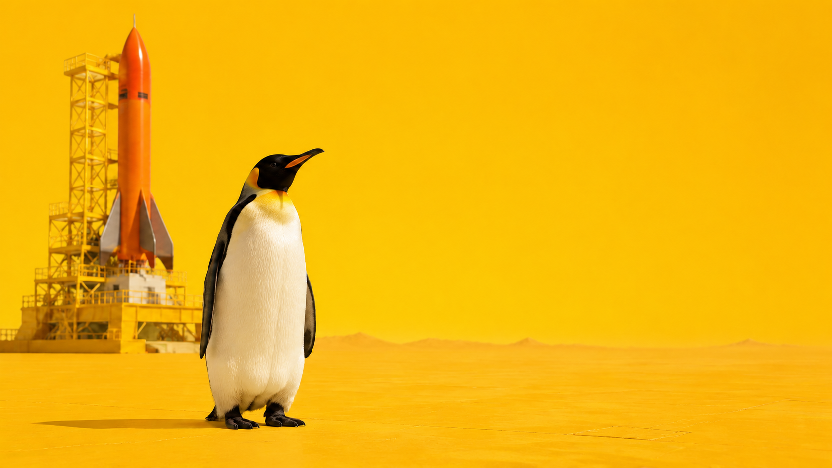 A penguin standing beside a launch pad and rocket on the ice, representing an AI pilot that never launched.