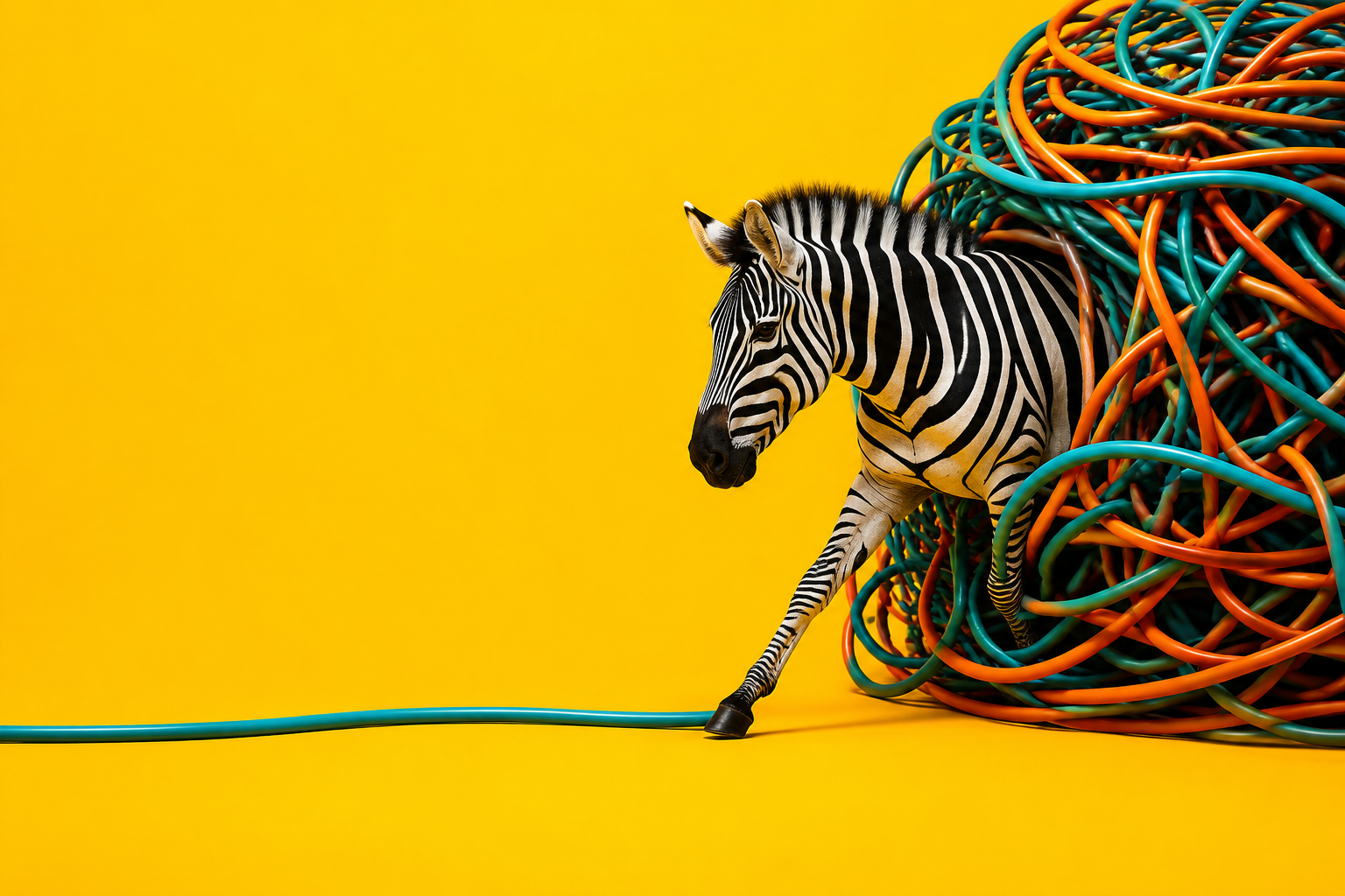 A zebra stepping out of a giant tangle of coloured cables, representing organisations trapped in technology complexity.