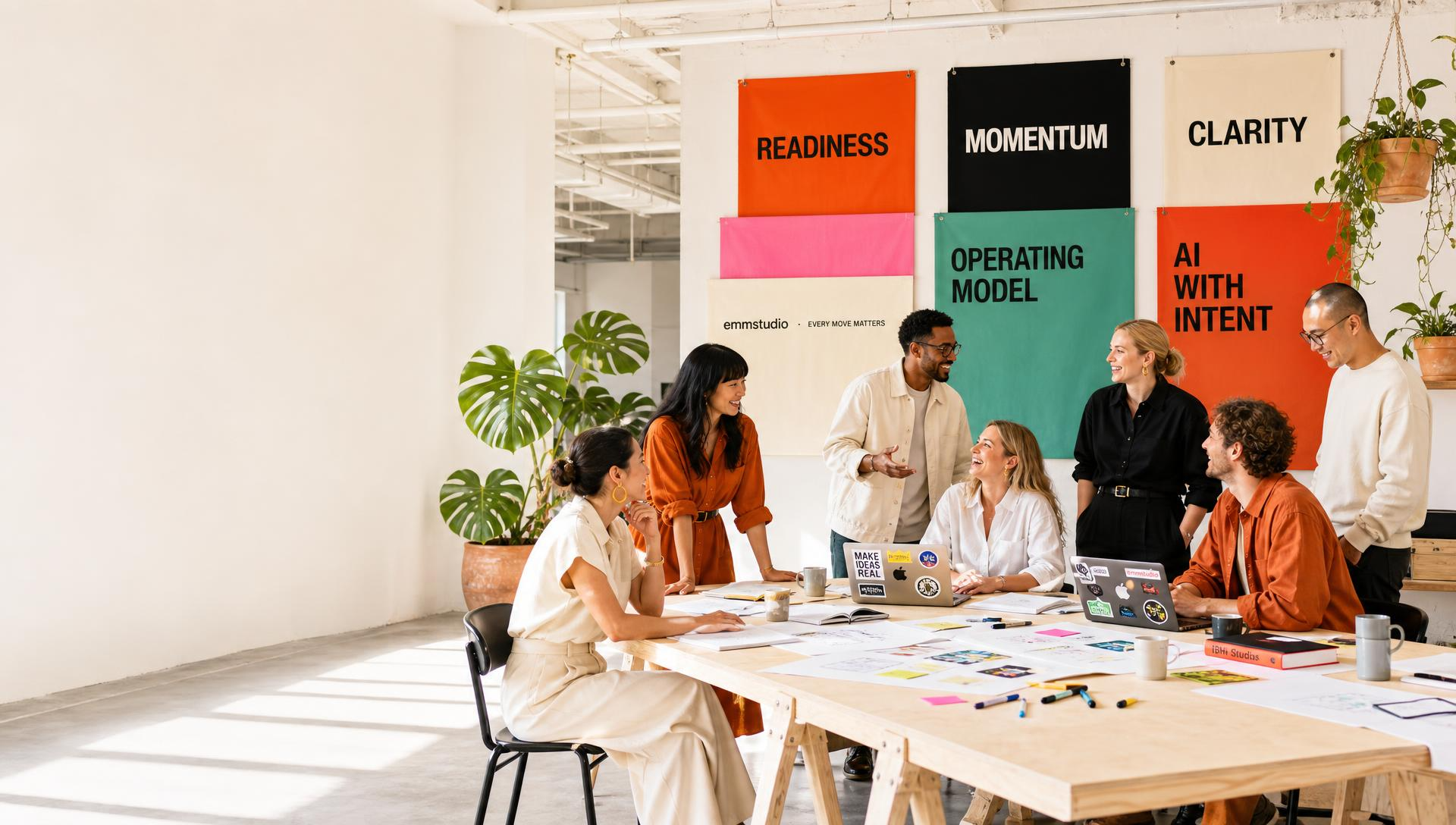 Leadership team mapping AI transformation opportunities in a workshop with EMM Studio