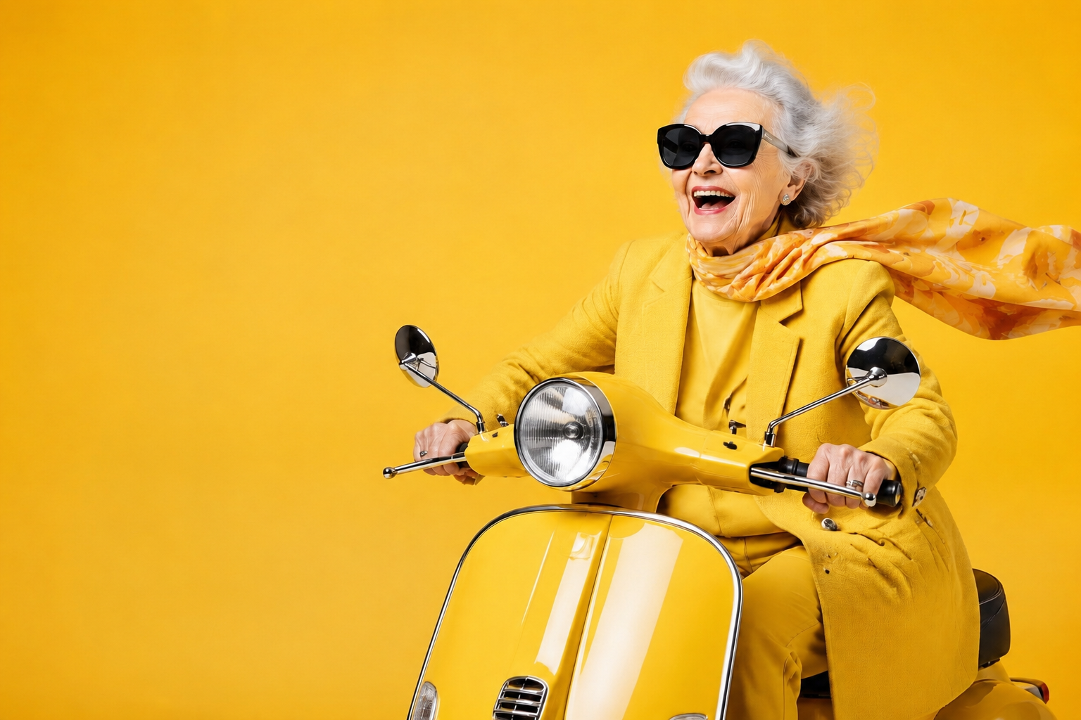 An older woman laughing as she rides a yellow scooter against a bright yellow background, representing a pension member living the retirement they planned for