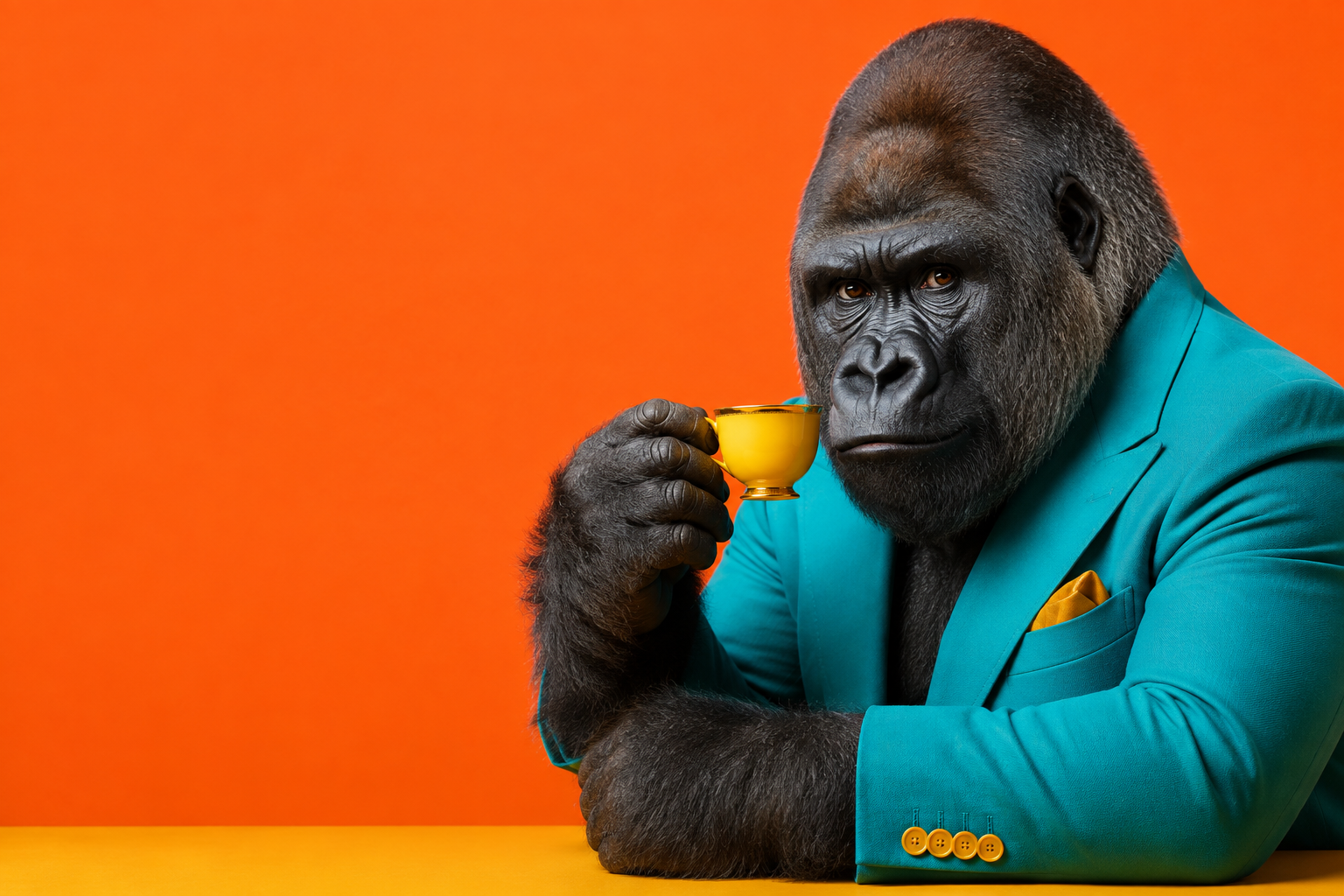 A gorilla in a turquoise suit holding a delicate teacup, representing powerful technology that requires careful human handling.