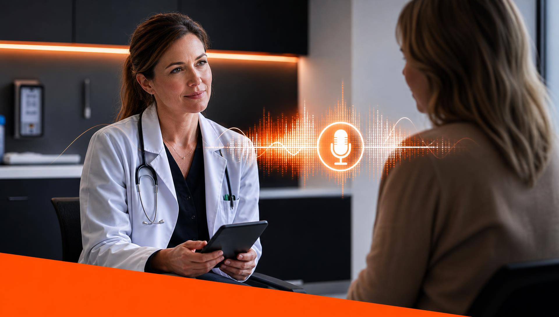 A GP clinician listens attentively to a patient while holding a tablet, with an ember-orange ambient voice waveform and microphone icon floating between them