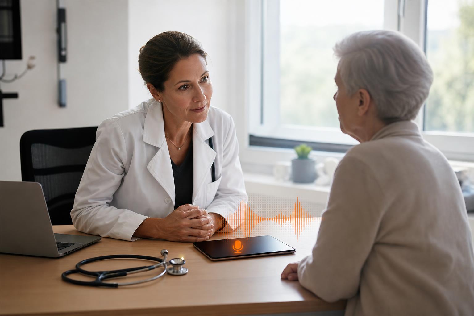 A GP listening attentively to an older patient across a clinic desk, with a tablet showing an orange ambient voice waveform and microphone icon between them