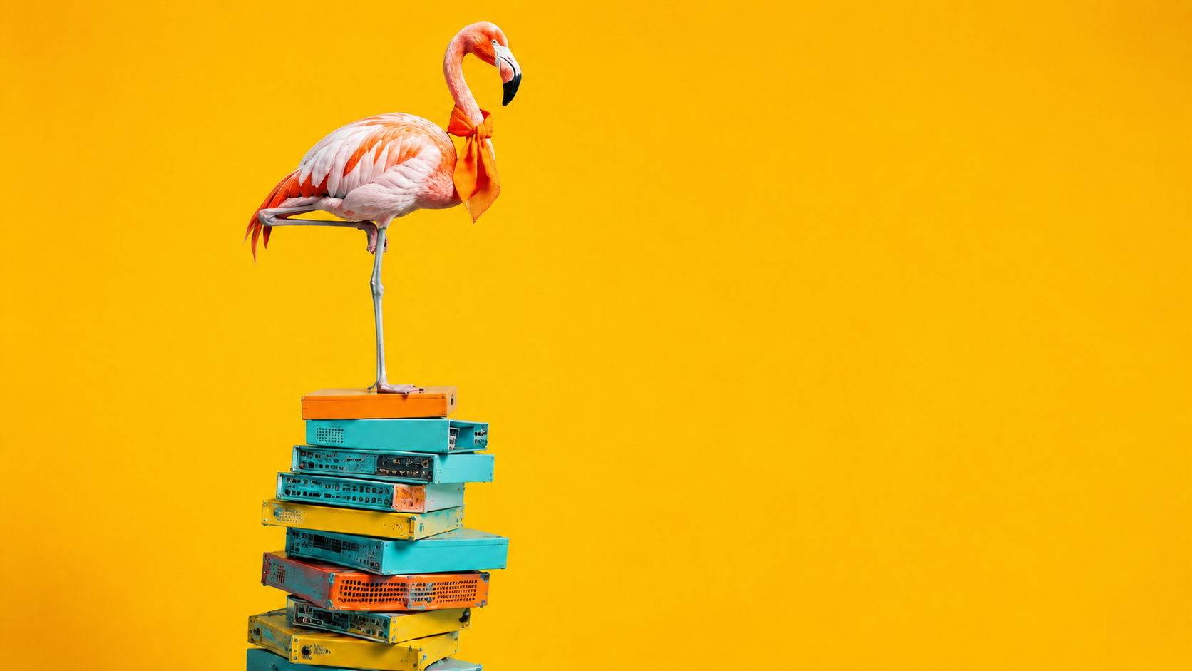 A flamingo balancing on one leg on a stack of servers, representing scale-up growth balanced on fragile foundations.