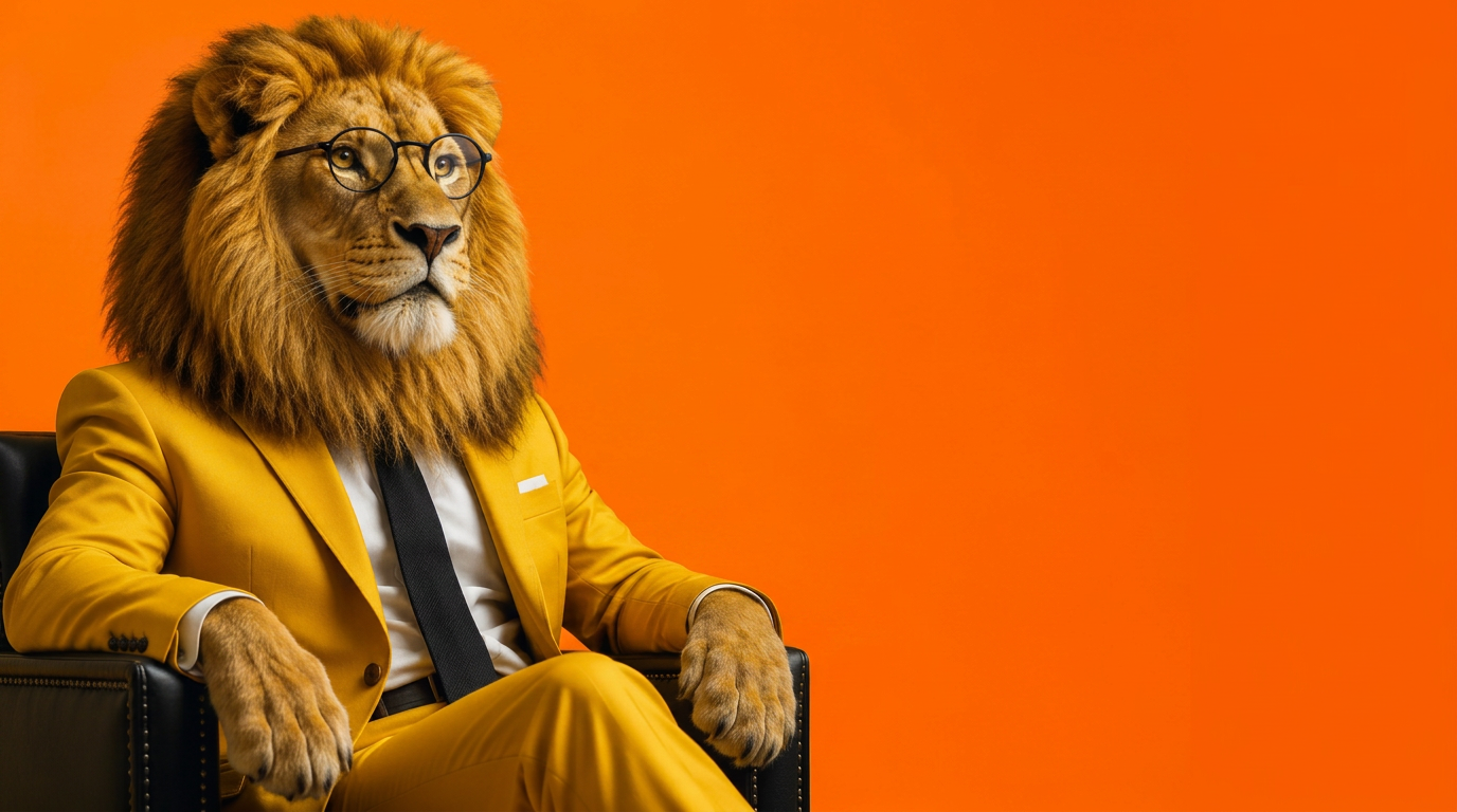 A confident lion in a sharp yellow suit, black tie and round glasses seated against a bold orange background, symbolising leadership in the AI era