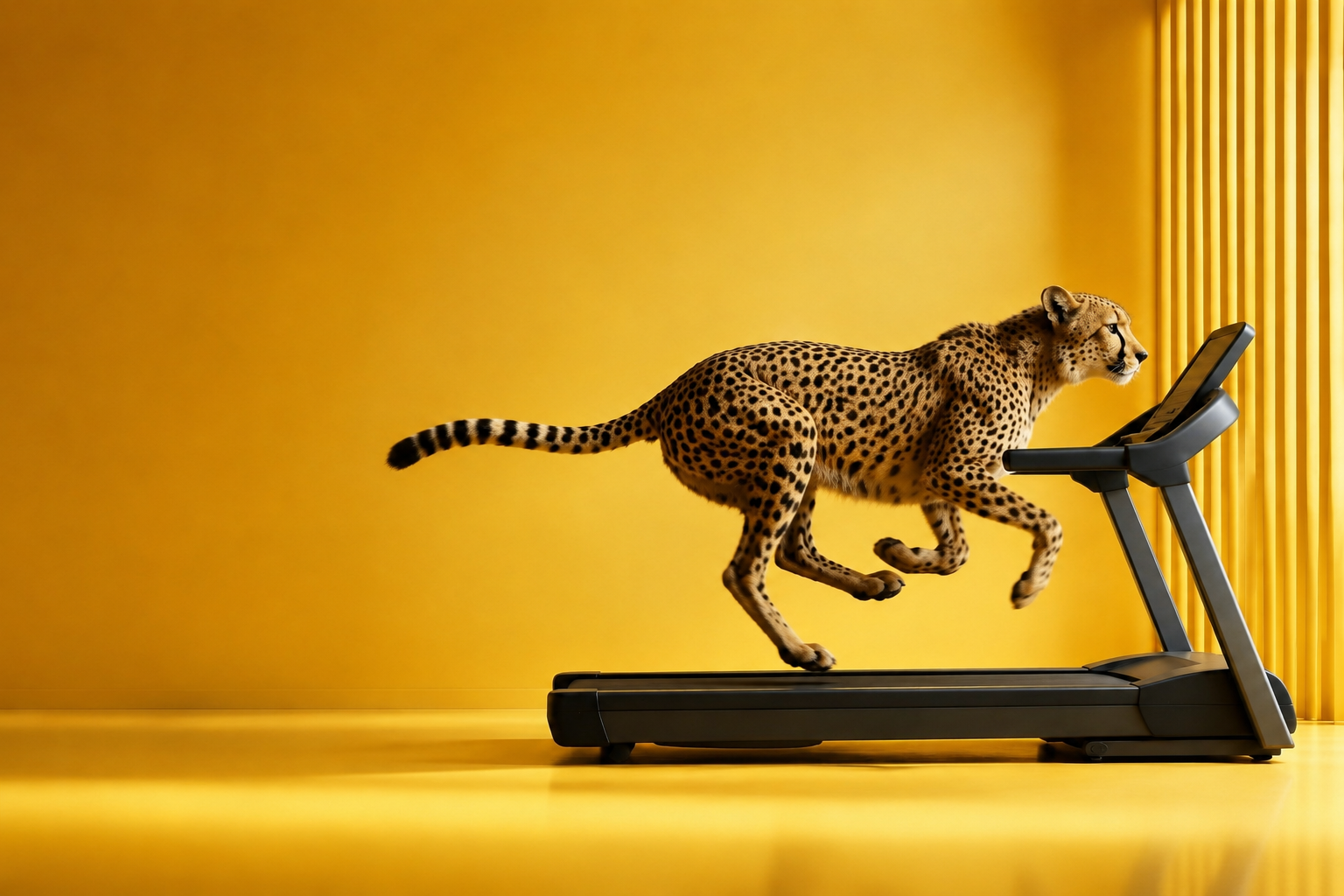 A cheetah sprinting on a treadmill against a yellow background, representing speed without forward progress.
