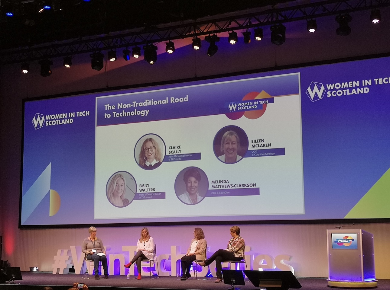 Emily Walters on stage at the Women in Tech Scotland panel