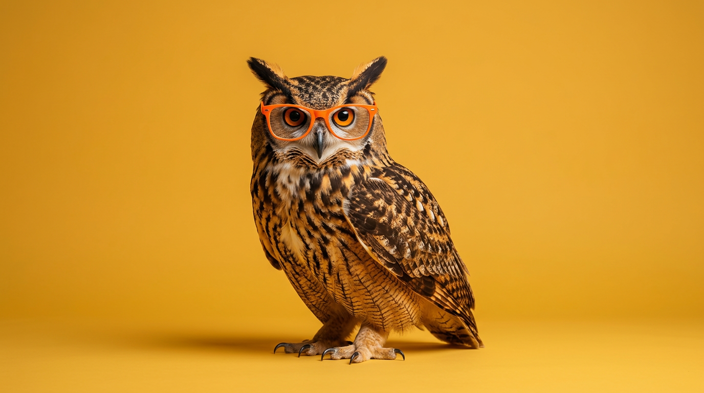 An owl in orange glasses against a clean yellow background, representing clear-eyed AI strategy.