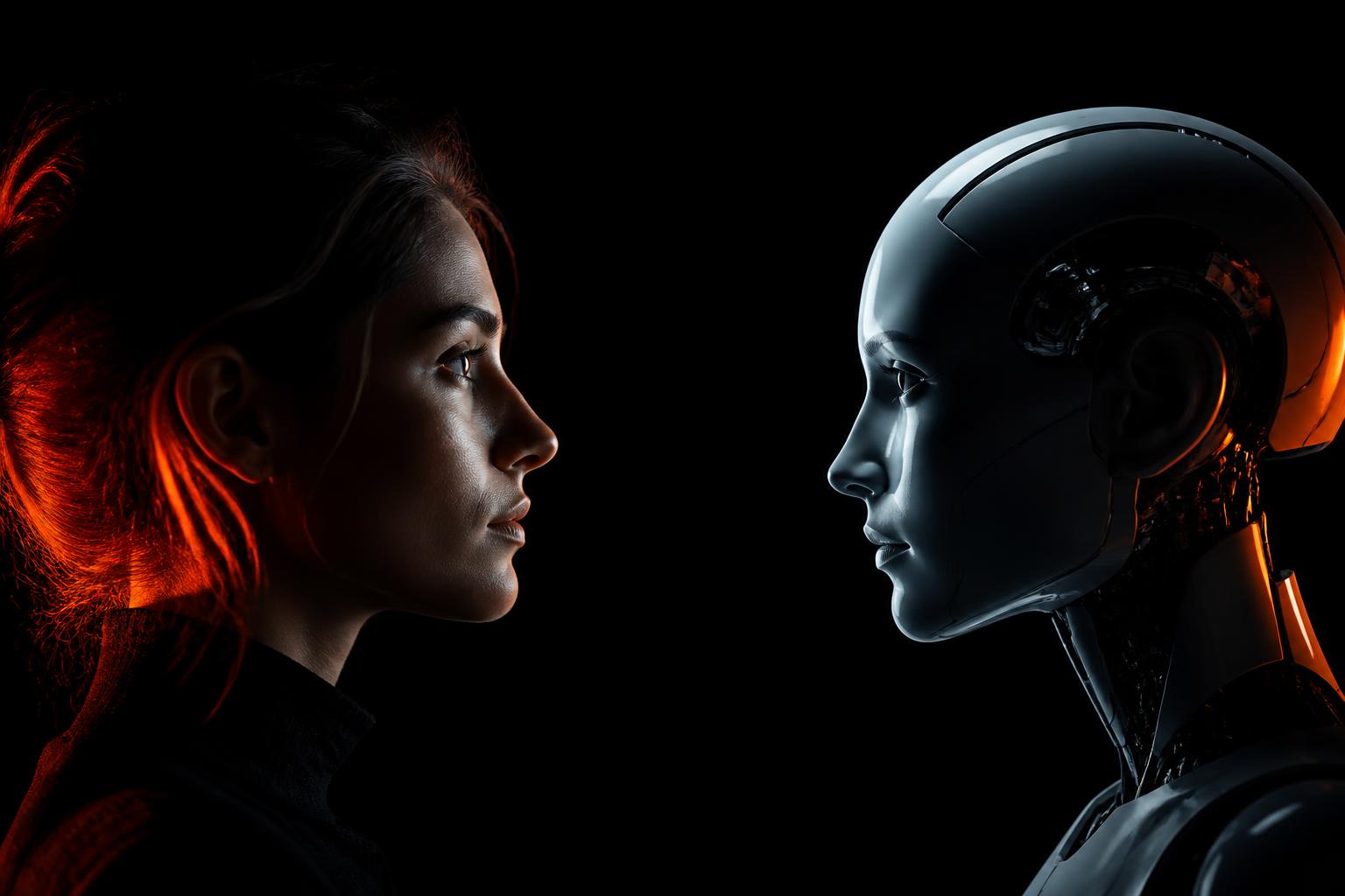 Cinematic side profile of a woman facing a humanoid AI robot, lit by sharp orange and steel light against a deep black background