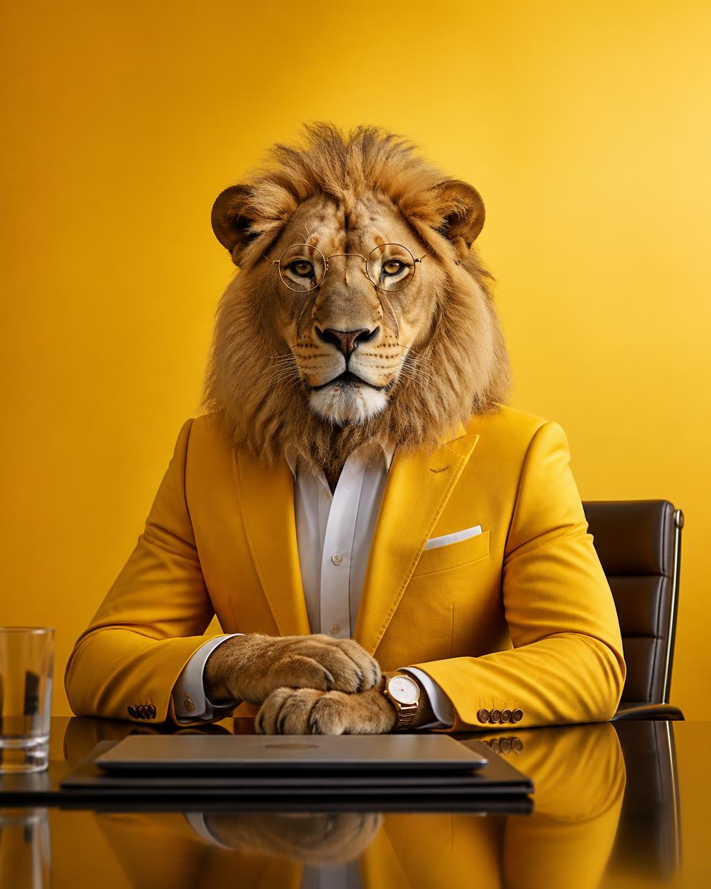A lion in a yellow suit and glasses representing the continuing need for human leadership in the age of AI.