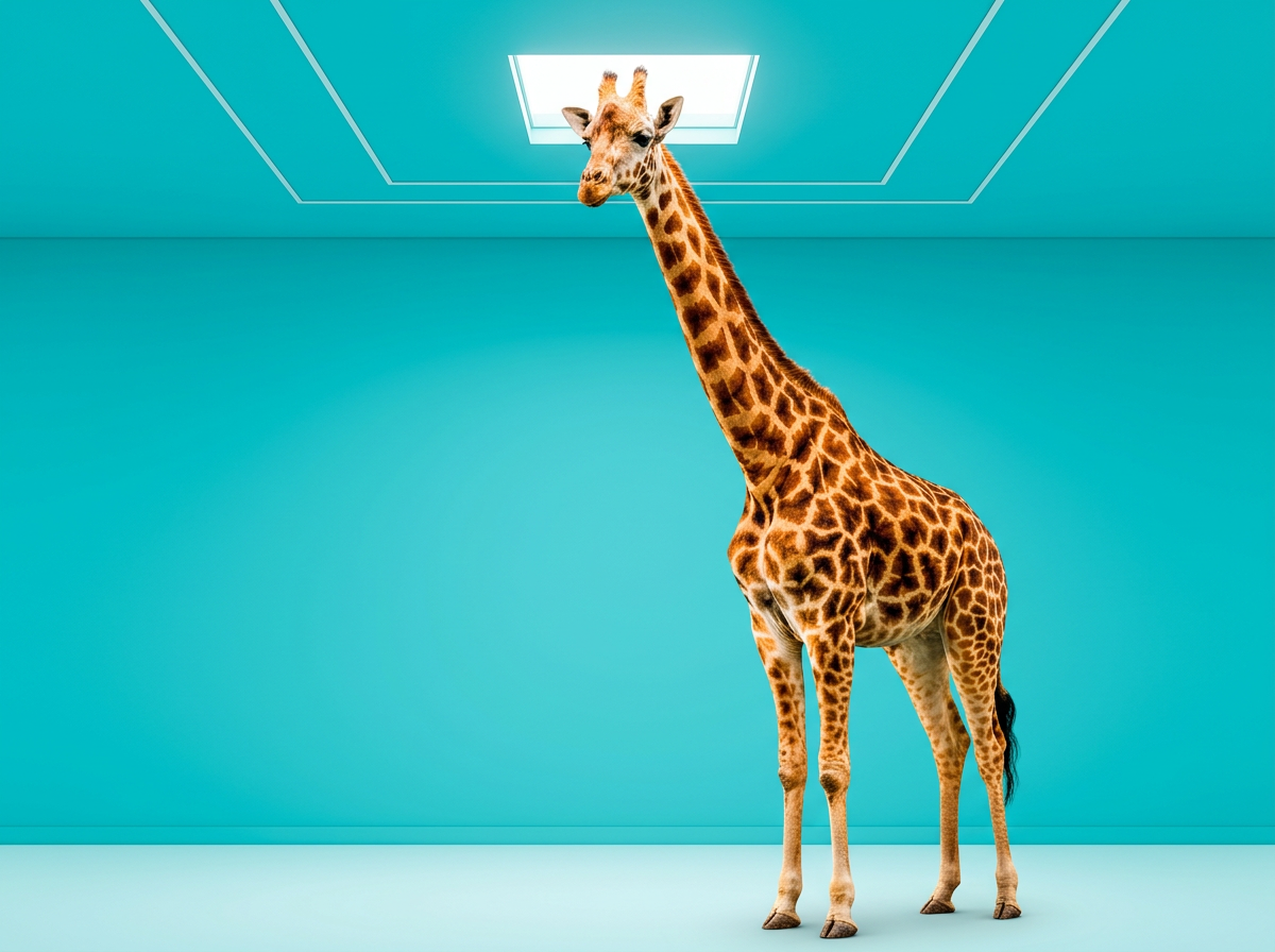 Giraffe outgrowing a modern office, representing the complexity created by rapid business growth.